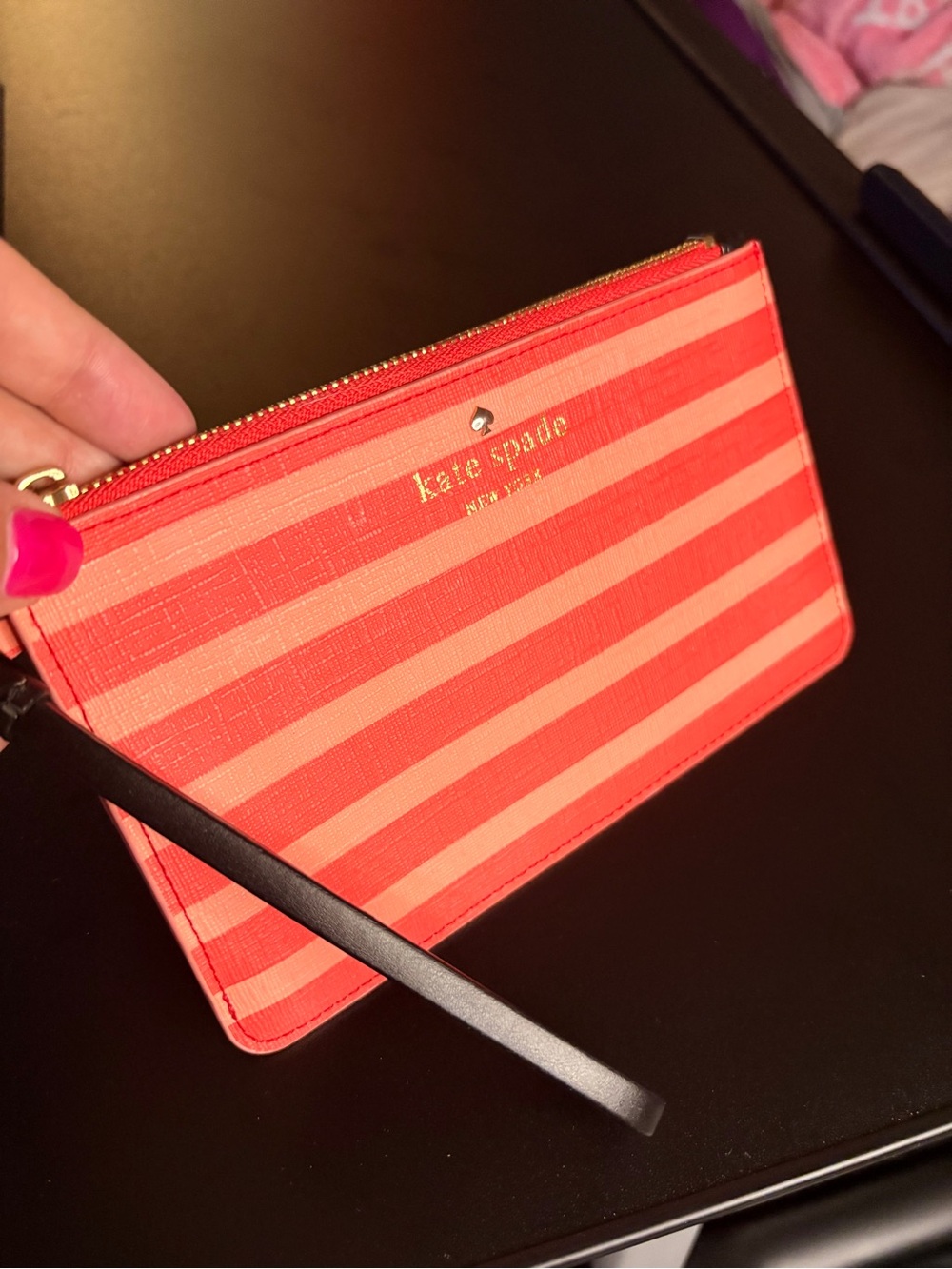 kate spade ♠️ Striped Fairmount Slim Bee Wristlet blk strap, gold, coral tones 🪸 - Picture 9 of 10